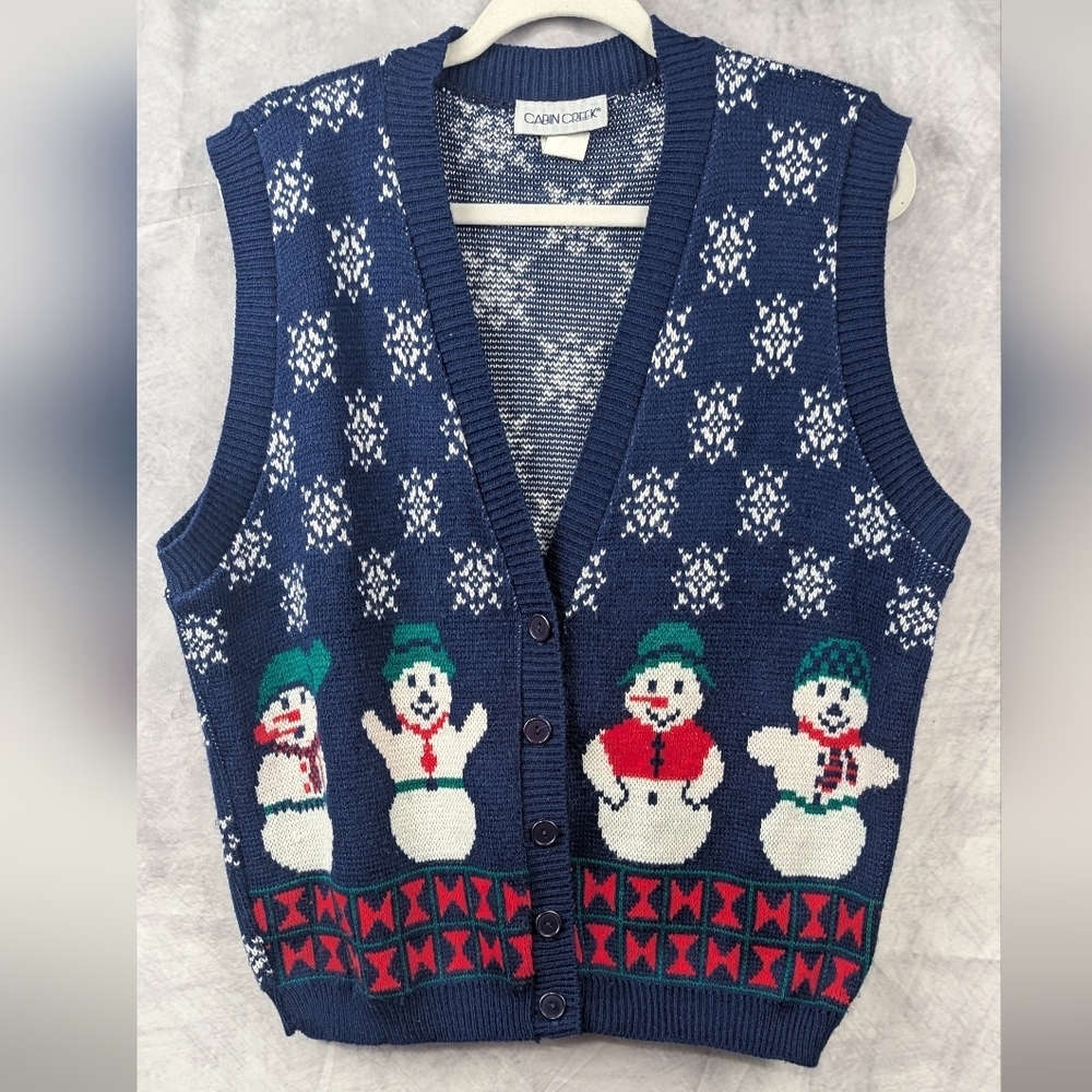 Cabin Creek Size Large Snowman Sweater Vest Vintage Blue, Red, White, Green